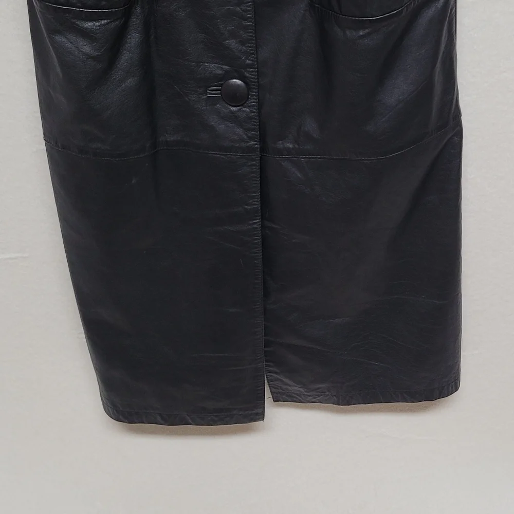 80s Vintage BKE Black Leather Longline Dolman Sleeve Oversized Trench Coat 7/8